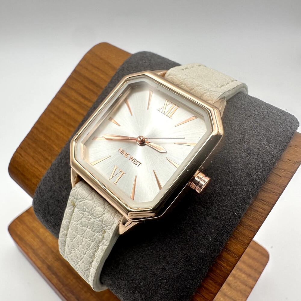 Nine West Women's Rose Gold-Tone Quartz Watch White Leather Strap